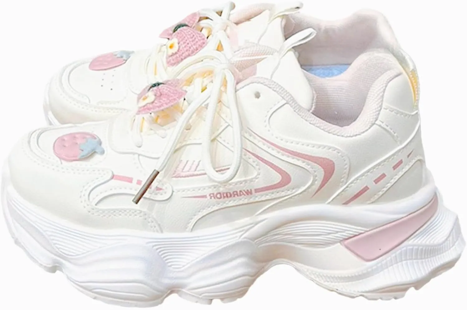 Women's Chunky Platform Sneakers Preppy White with Strawberry Bow Detail Casual Dad Shoes for Streetwear and Travel