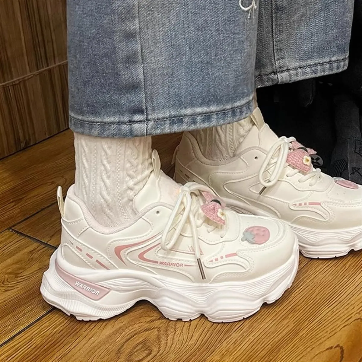 Women's Chunky Platform Sneakers Preppy White with Strawberry Bow Detail Casual Dad Shoes for Streetwear and Travel