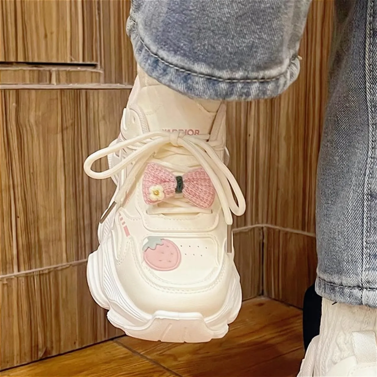 Women's Chunky Platform Sneakers Preppy White with Strawberry Bow Detail Casual Dad Shoes for Streetwear and Travel