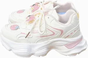Women's Chunky Platform Sneakers Preppy White with Strawberry Bow Detail Casual Dad Shoes for Streetwear and Travel