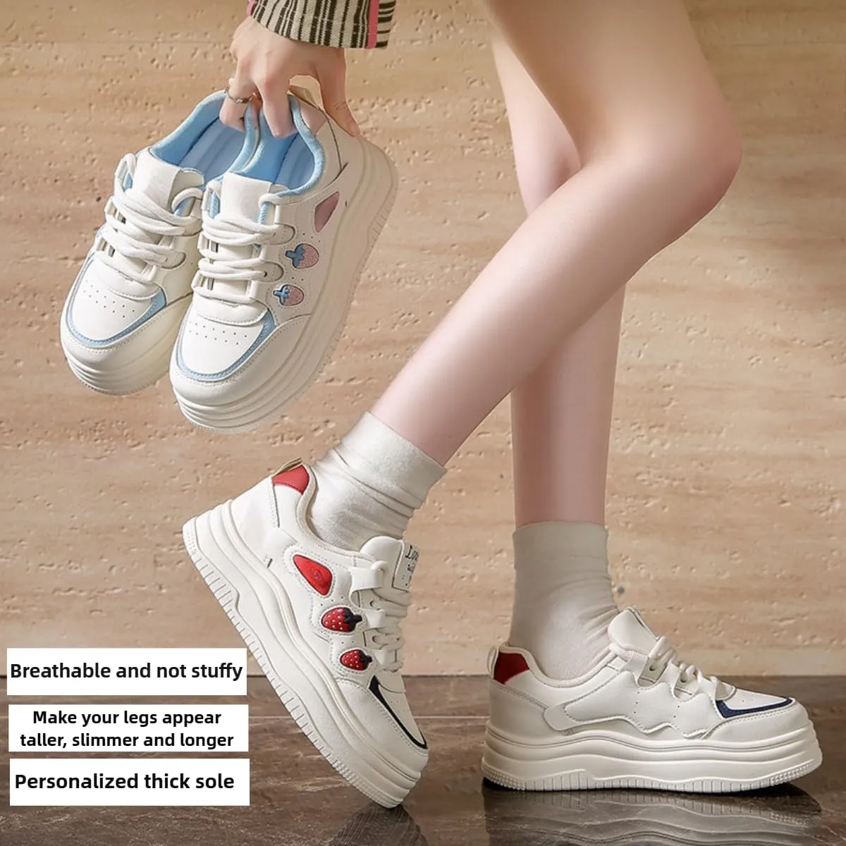 Women's Chunky Platform Sneakers with Strawberry Skate Shoes Sport Travel Walking Preppy Casual Wear Back School Student