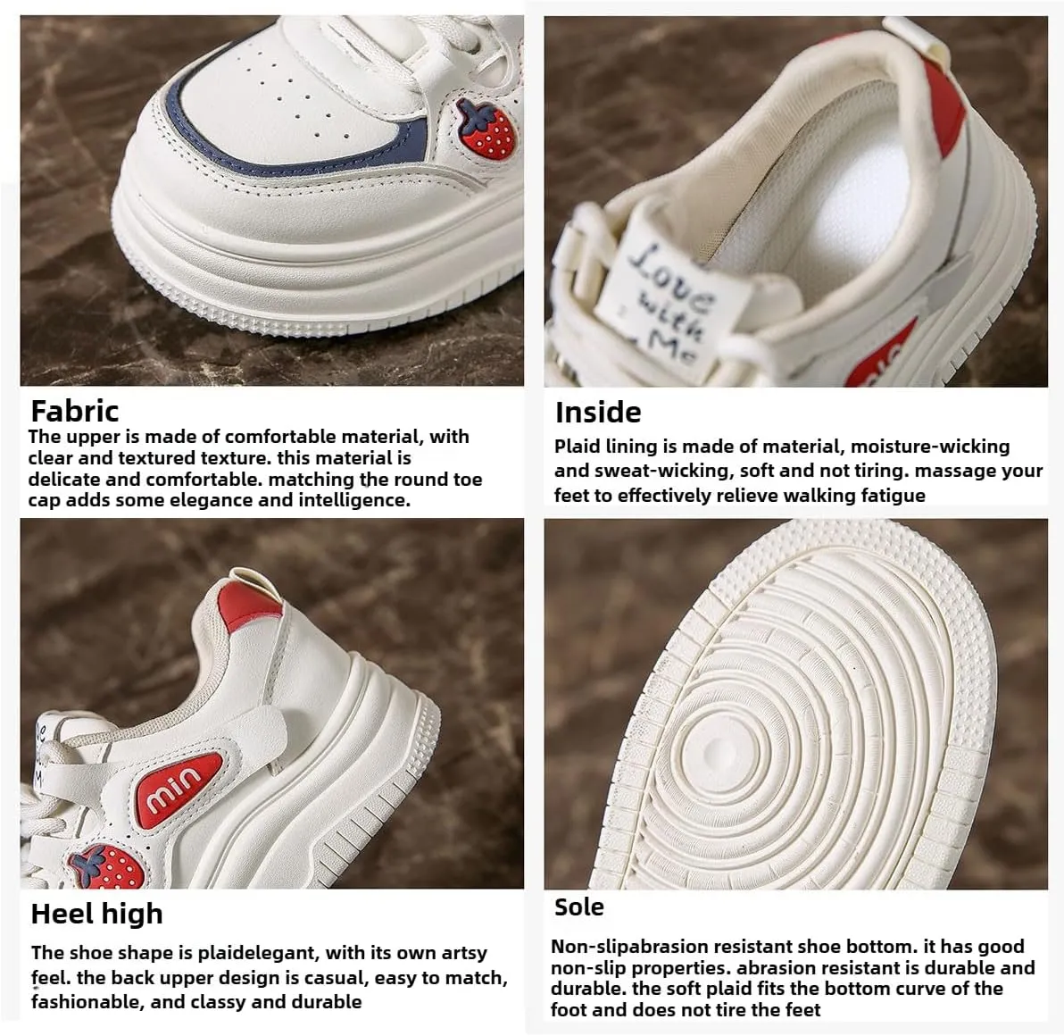 Women's Chunky Platform Sneakers with Strawberry Skate Shoes Sport Travel Walking Preppy Casual Wear Back School Student