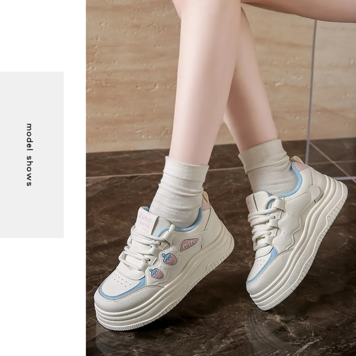 Women's Chunky Platform Sneakers with Strawberry Skate Shoes Sport Travel Walking Preppy Casual Wear Back School Student