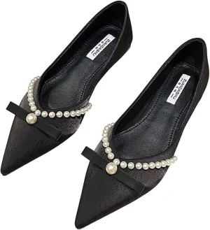 Women's Classy Flats Pointed Toe Beaded Bowtie Flat Shoes Dress Ballets Elegant Ladies Court Party Wedding Shoes