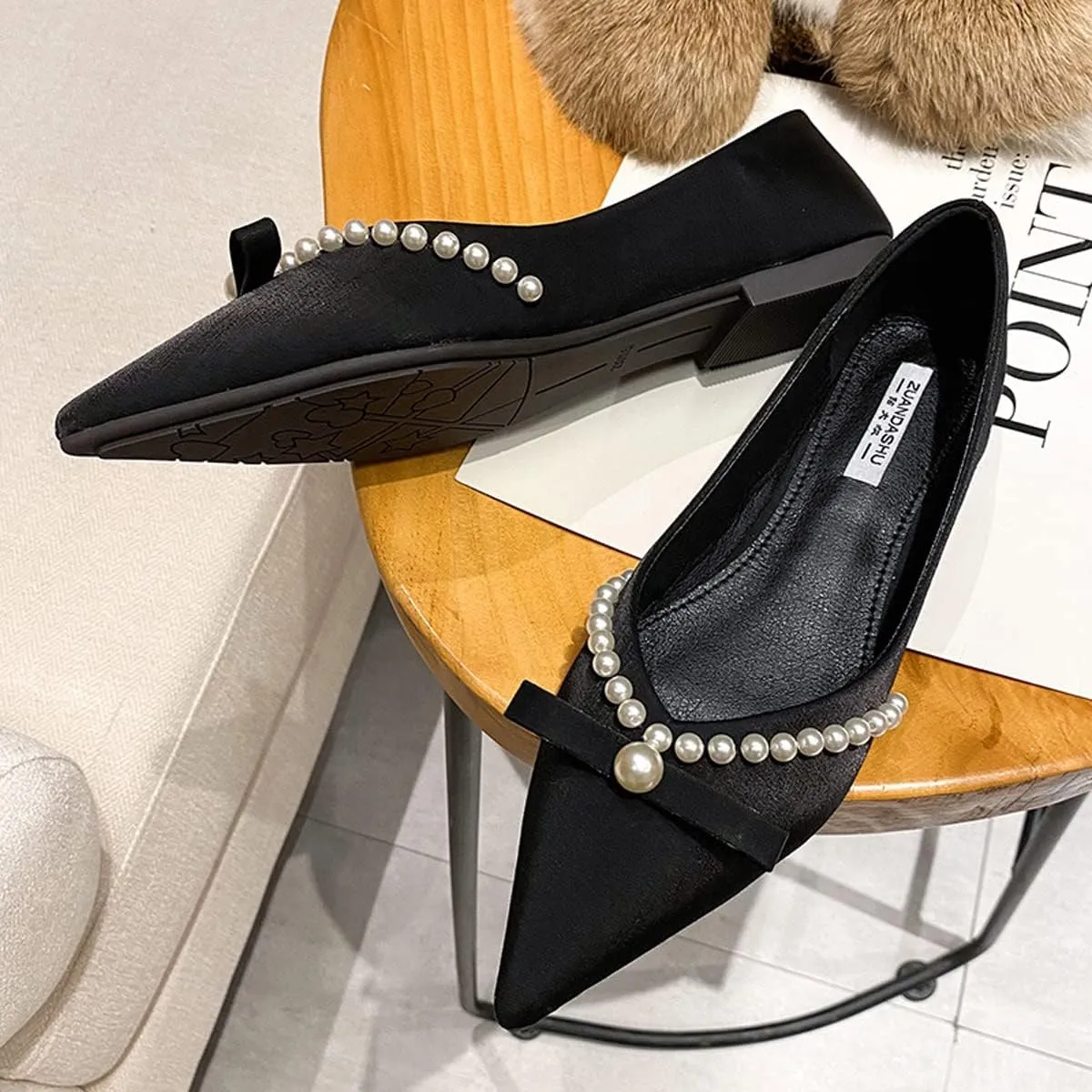 Women's Classy Flats Pointed Toe Beaded Bowtie Flat Shoes Dress Ballets Elegant Ladies Court Party Wedding Shoes