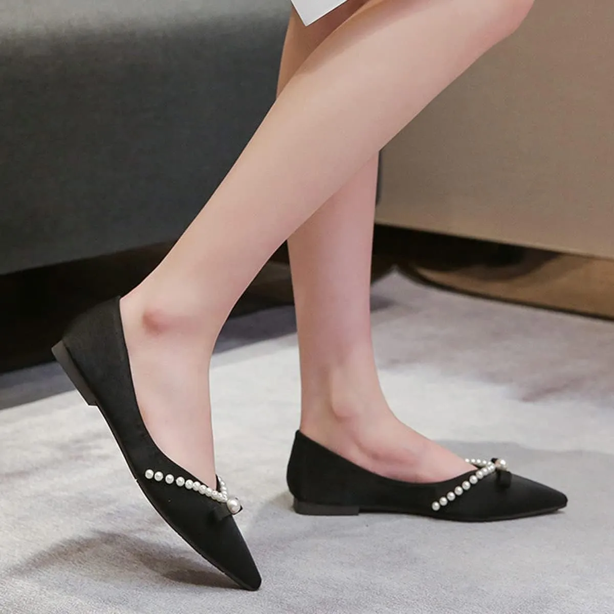 Women's Classy Flats Pointed Toe Beaded Bowtie Flat Shoes Dress Ballets Elegant Ladies Court Party Wedding Shoes