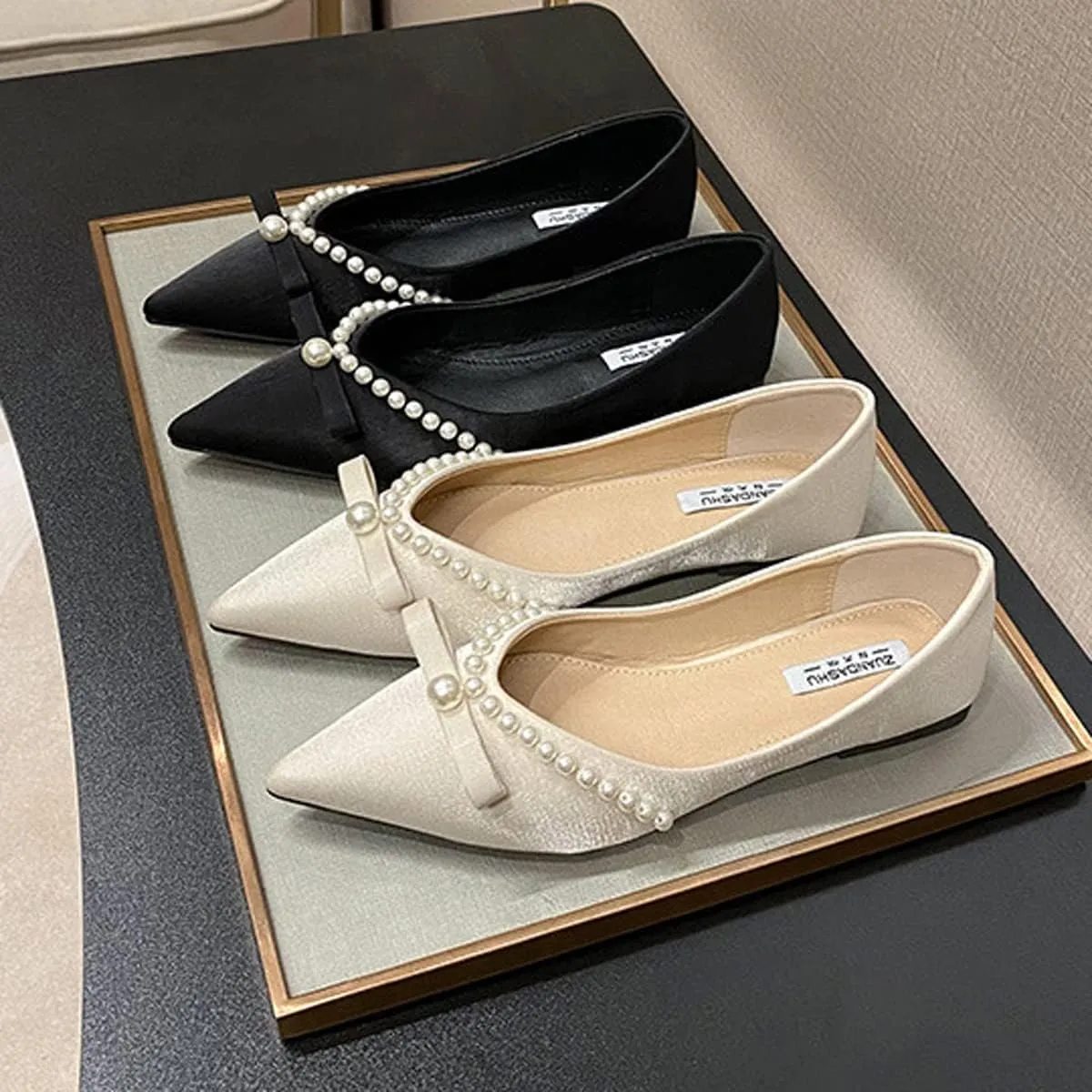 Women's Classy Flats Pointed Toe Beaded Bowtie Flat Shoes Dress Ballets Elegant Ladies Court Party Wedding Shoes