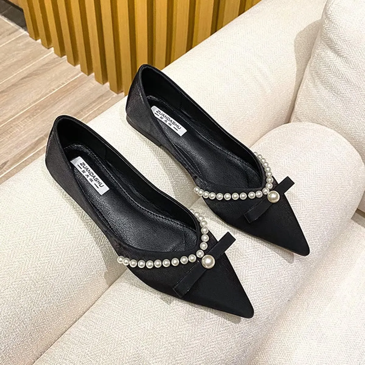 Women's Classy Flats Pointed Toe Beaded Bowtie Flat Shoes Dress Ballets Elegant Ladies Court Party Wedding Shoes