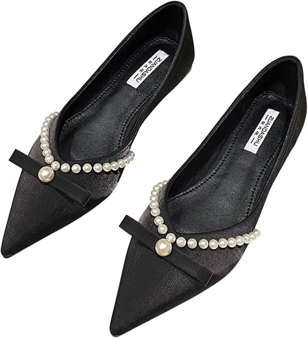 Women's Classy Flats Pointed Toe Beaded Bowtie Flat Shoes Dress Ballets Elegant Ladies Court Party Wedding Shoes