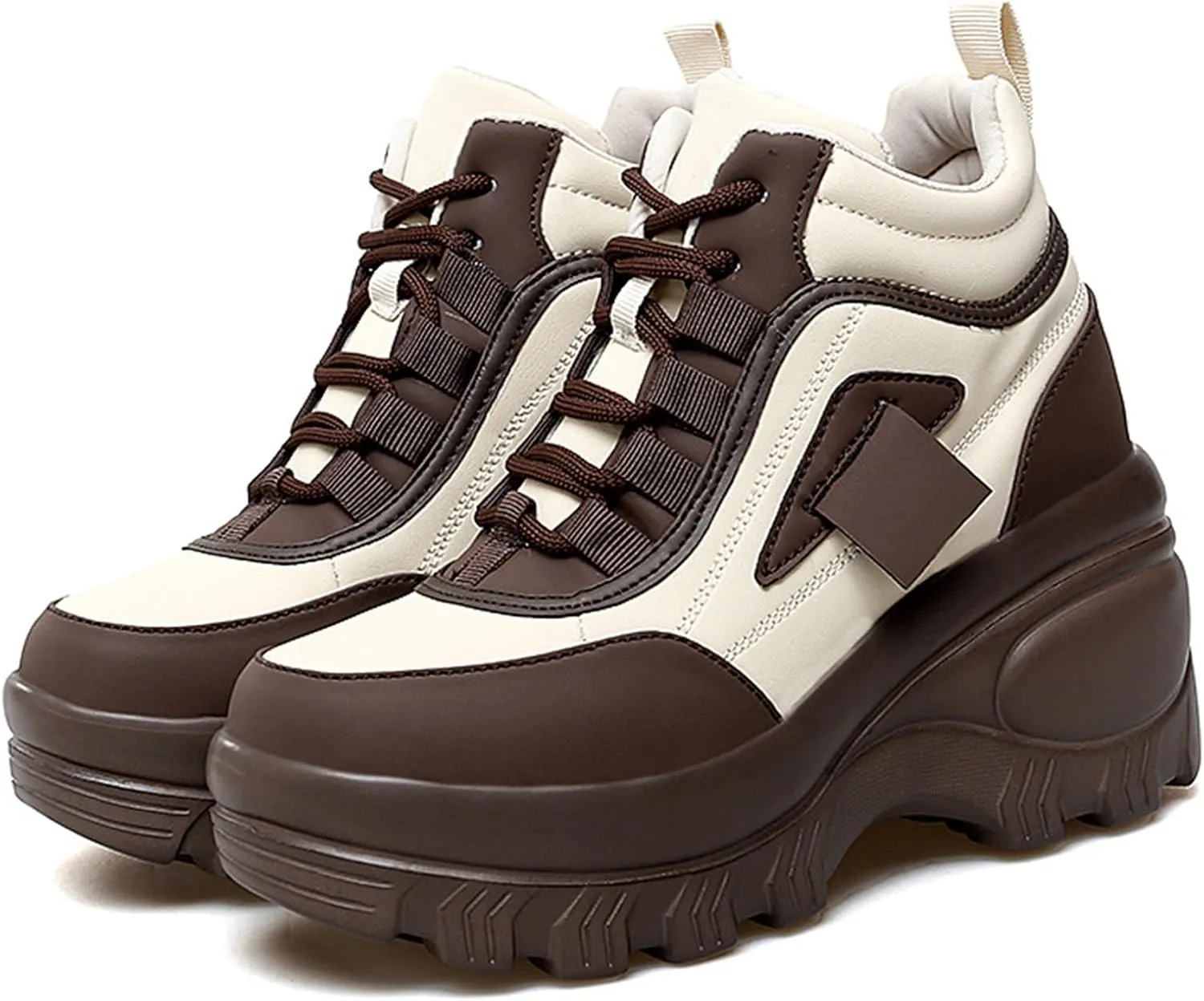 Women's Color Matching Platform Casual Sneakers Retro Round Head Plus Velvet Warm Chunky Non-Slip Fashion Lace-Up Dad Shoes Comfortable Wedge Heel Walking Sneakers