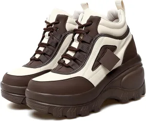 Women's Color Matching Platform Casual Sneakers Retro Round Head Plus Velvet Warm Chunky Non-Slip Fashion Lace-Up Dad Shoes Comfortable Wedge Heel Walking Sneakers