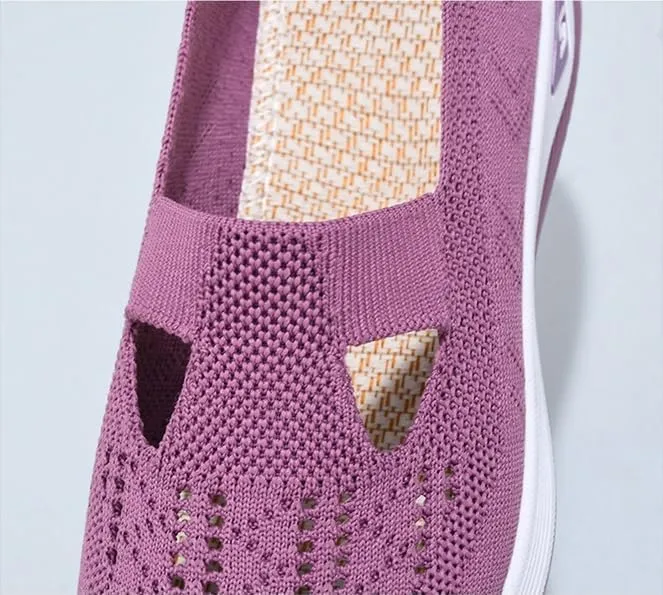 Women's Comfortable Breathable Knitted Sneakers Woven Cut-Out Arch Support Sneakers Flat Shoes Lightweight Outdoor Flat Shoes for Women