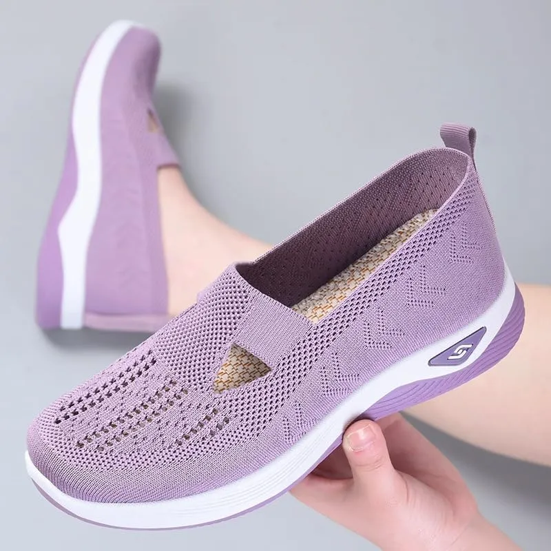 Women's Comfortable Breathable Knitted Sneakers Woven Cut-Out Arch Support Sneakers Flat Shoes Lightweight Outdoor Flat Shoes for Women