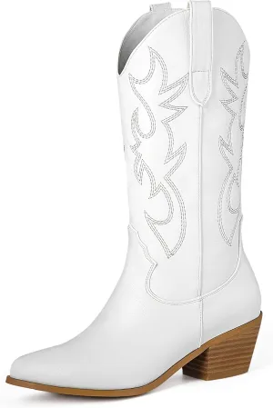 Women's Cowgirl Embroidered Western Cowboy Boots, Mid Calf Booties Pointed Toe Chunky Heel Pull On Fashion Design for Ladies, Party and Outdoor
