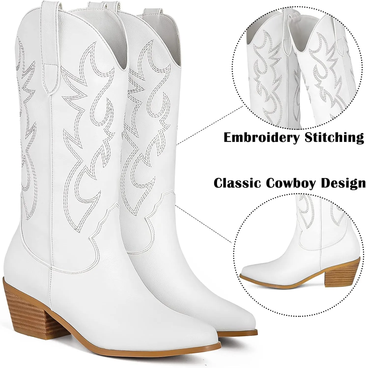 Women's Cowgirl Embroidered Western Cowboy Boots, Mid Calf Booties Pointed Toe Chunky Heel Pull On Fashion Design for Ladies, Party and Outdoor
