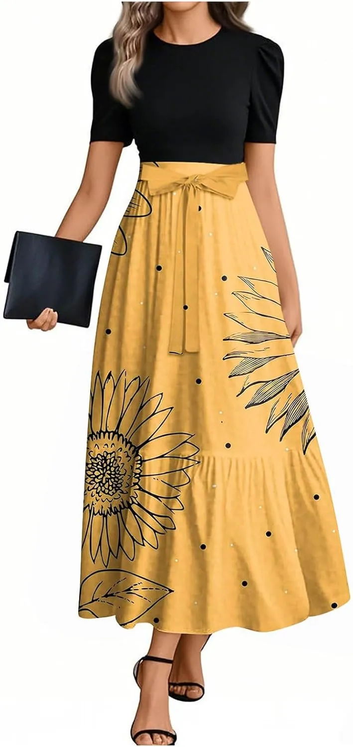Women's Elegant Floral Maxi Dress Short Sleeve High Waist Casual Summer Long Dresses with Pockets