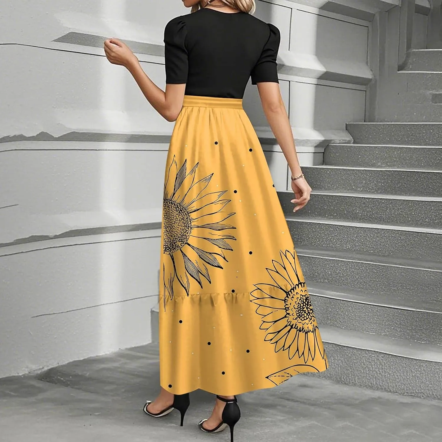 Women's Elegant Floral Maxi Dress Short Sleeve High Waist Casual Summer Long Dresses with Pockets