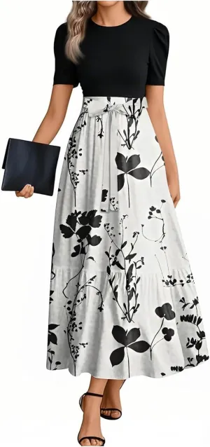 Women's Elegant Floral Maxi Dress Short Sleeve High Waist Casual Summer Long Dresses with Pockets