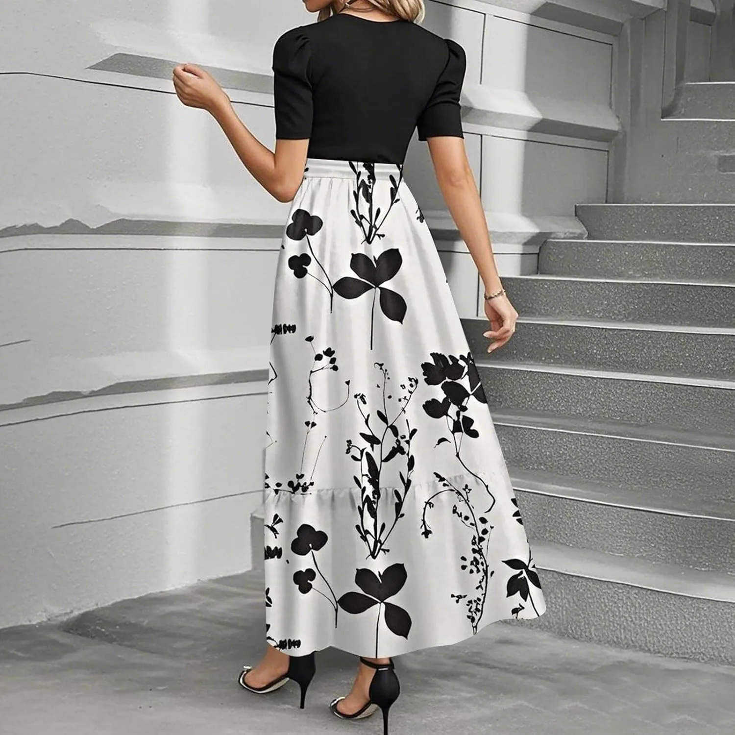 Women's Elegant Floral Maxi Dress Short Sleeve High Waist Casual Summer Long Dresses with Pockets