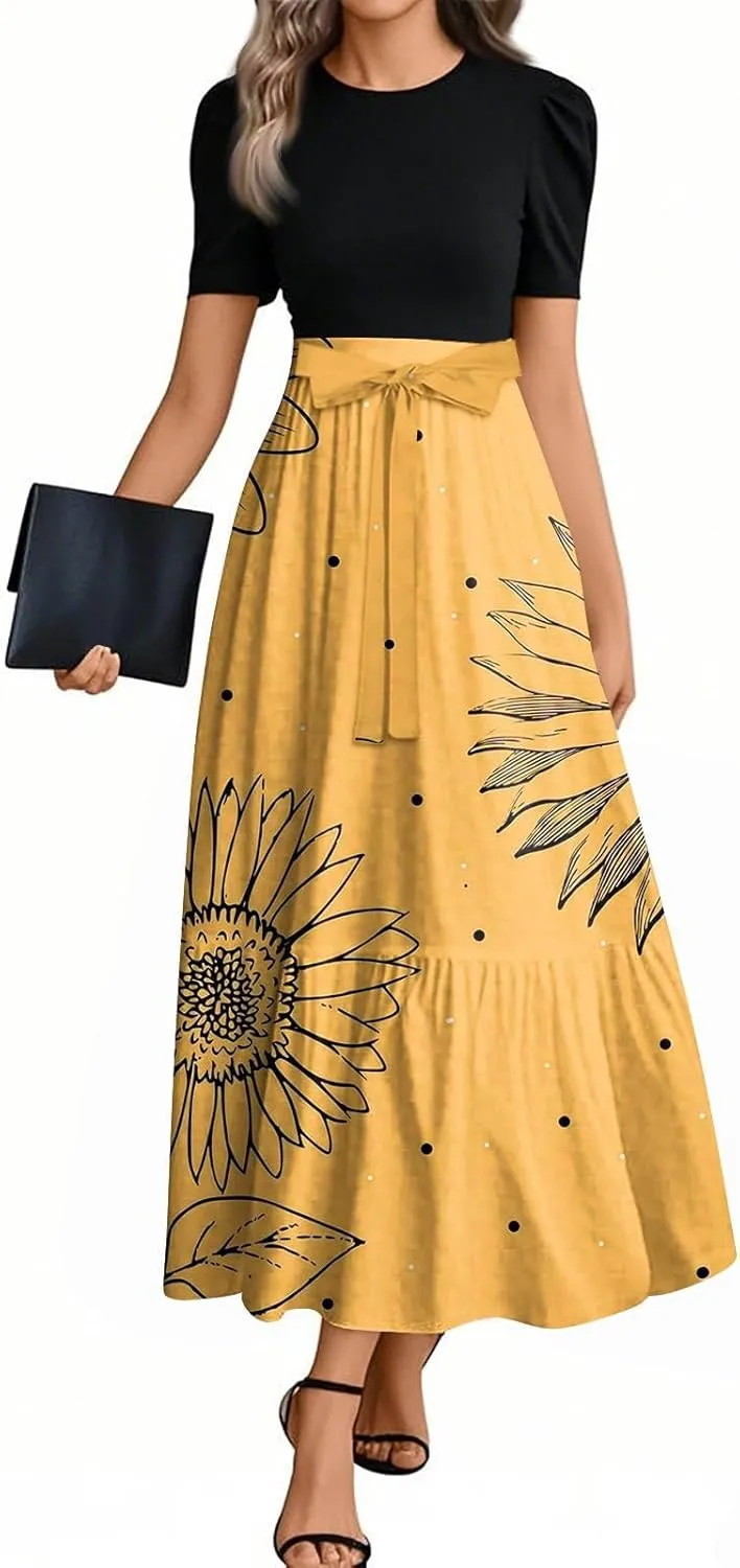 Women's Elegant Floral Maxi Dress Short Sleeve High Waist Casual Summer Long Dresses with Pockets