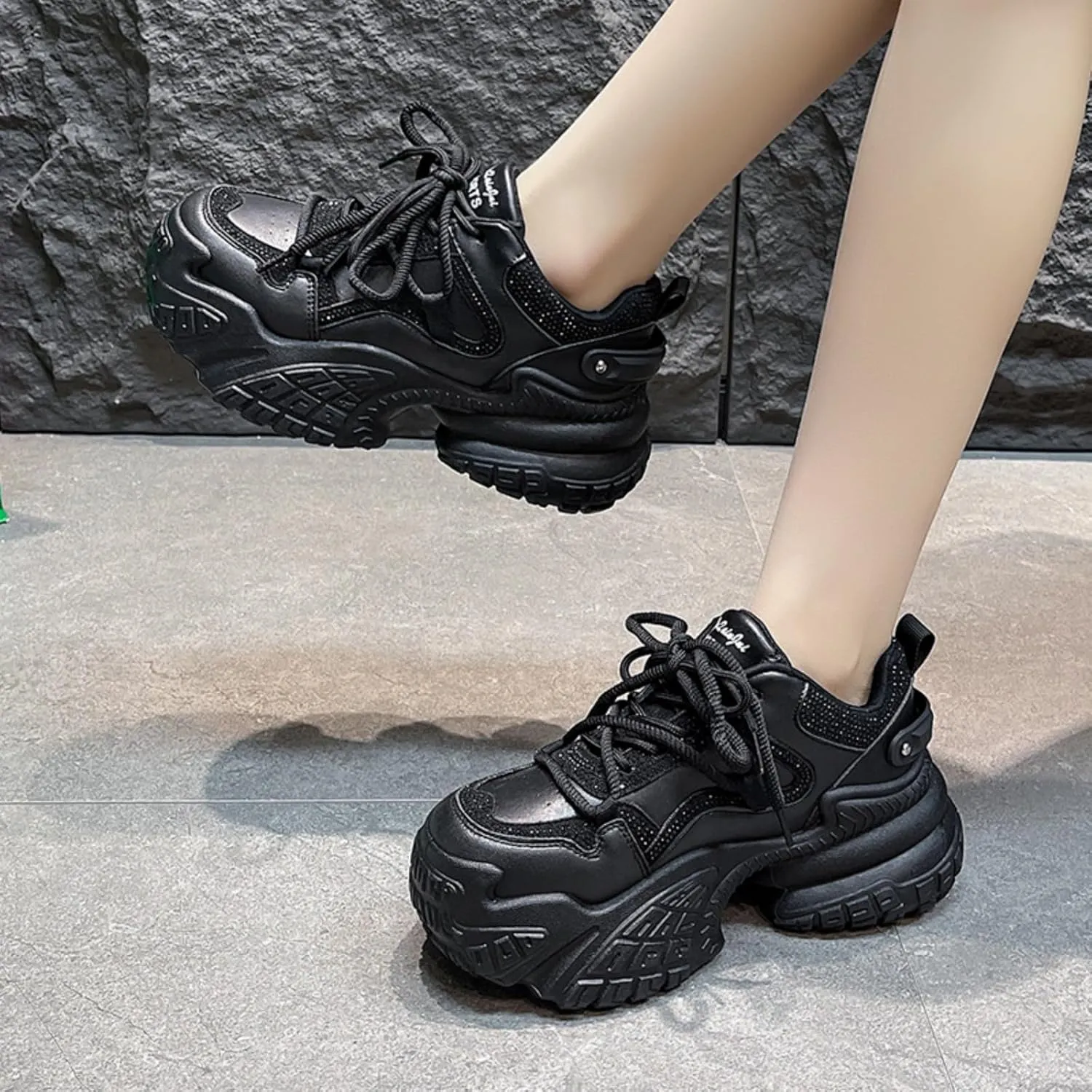 Womens Fashion Lace-Up Leather Platform Sneakers Round Toe Non-Slip Chunky Casual Sport Shoes for Walking Workout Driving Women's Fashion Sneakers