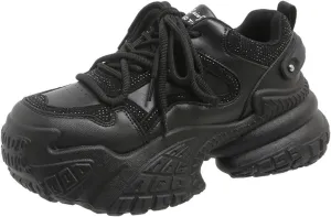 Womens Fashion Lace-Up Leather Platform Sneakers Round Toe Non-Slip Chunky Casual Sport Shoes for Walking Workout Driving Women's Fashion Sneakers