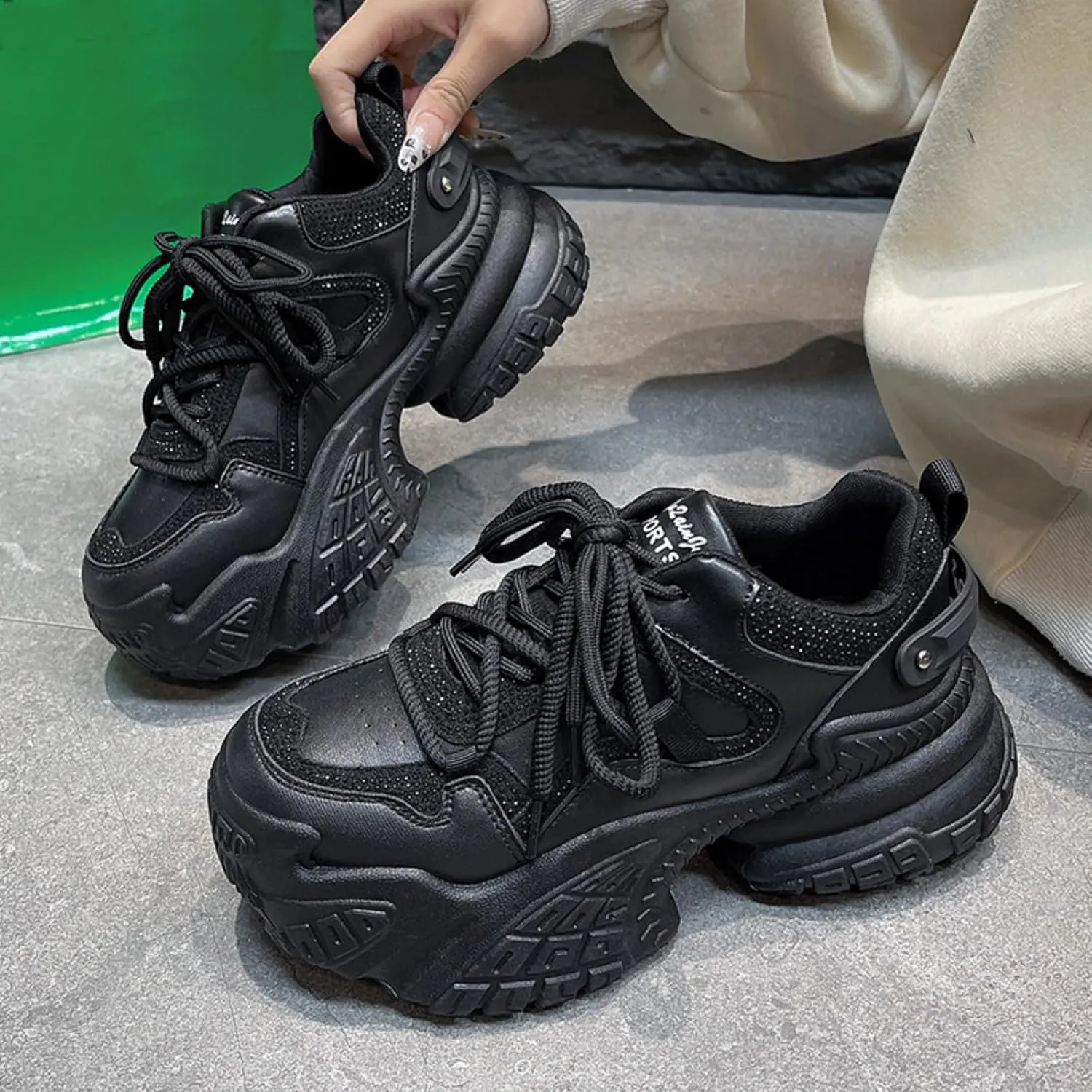 Womens Fashion Lace-Up Leather Platform Sneakers Round Toe Non-Slip Chunky Casual Sport Shoes for Walking Workout Driving Women's Fashion Sneakers