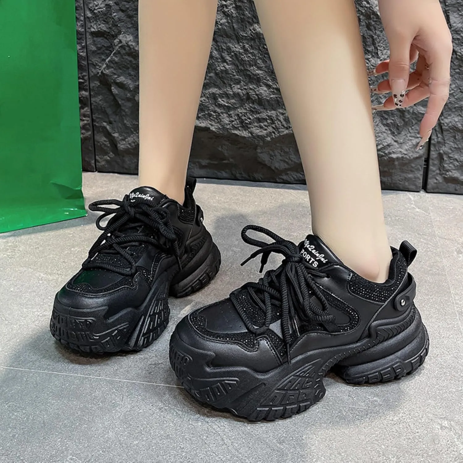 Womens Fashion Lace-Up Leather Platform Sneakers Round Toe Non-Slip Chunky Casual Sport Shoes for Walking Workout Driving Women's Fashion Sneakers