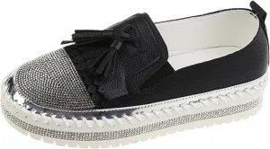 Women's Fashion Leather Loafers Sparkly Rhinestone Tassel Decoration Thick Sole Shoes Comfy Casual Boots for Women