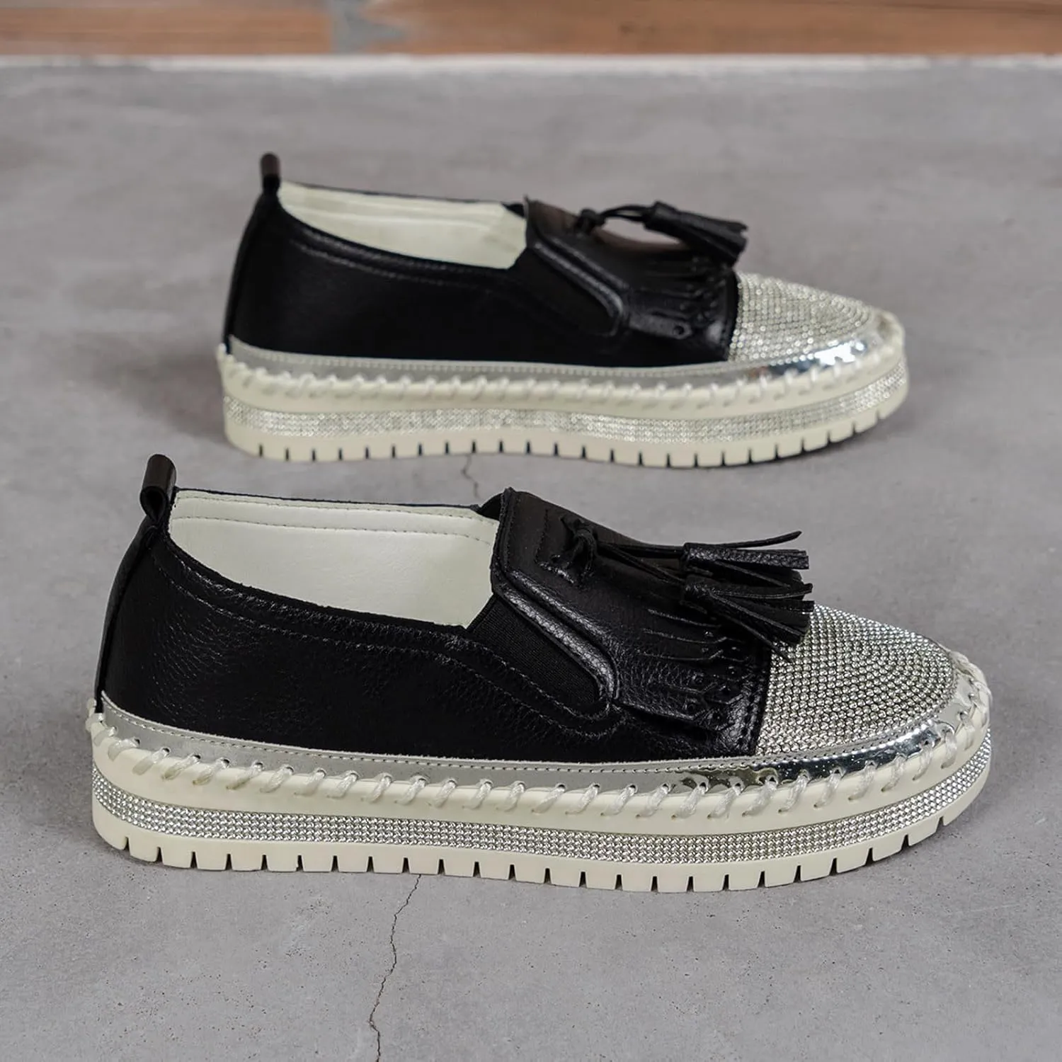 Women's Fashion Leather Loafers Sparkly Rhinestone Tassel Decoration Thick Sole Shoes Comfy Casual Boots for Women