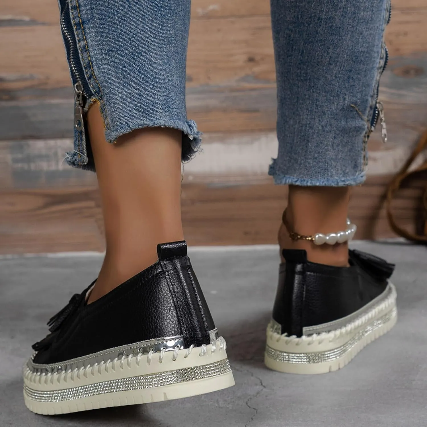Women's Fashion Leather Loafers Sparkly Rhinestone Tassel Decoration Thick Sole Shoes Comfy Casual Boots for Women
