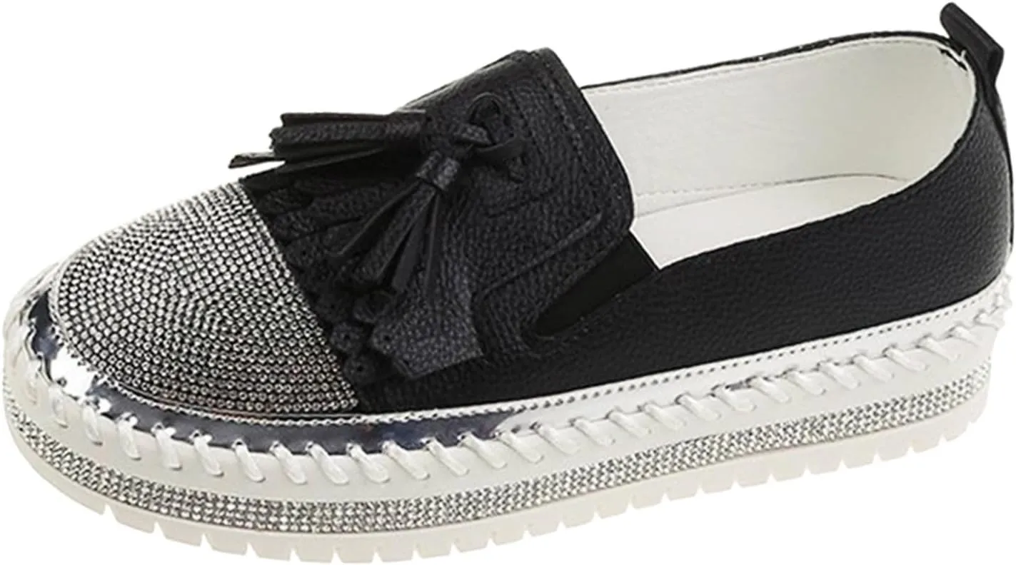 Women's Fashion Leather Loafers Sparkly Rhinestone Tassel Decoration Thick Sole Shoes Comfy Casual Boots for Women