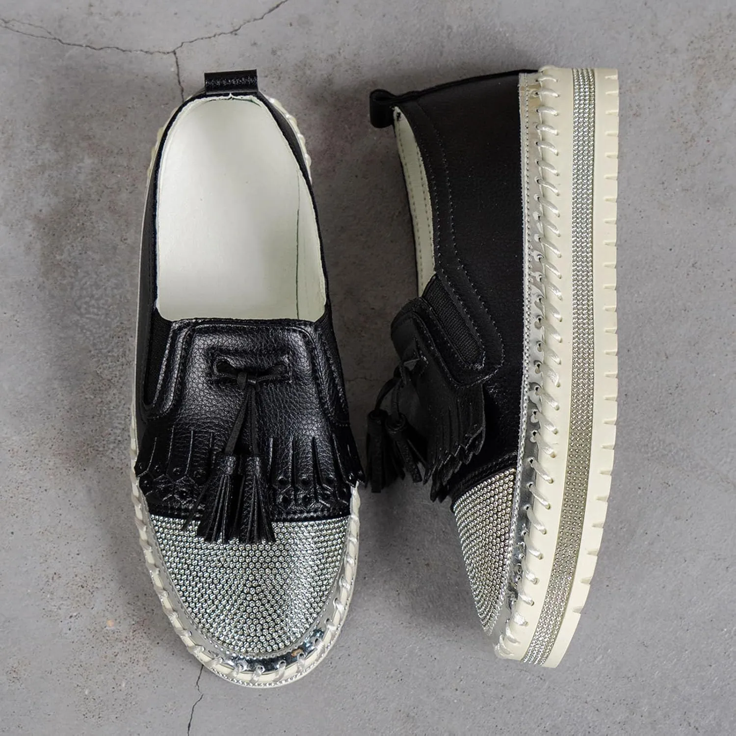 Women's Fashion Leather Loafers Sparkly Rhinestone Tassel Decoration Thick Sole Shoes Comfy Casual Boots for Women