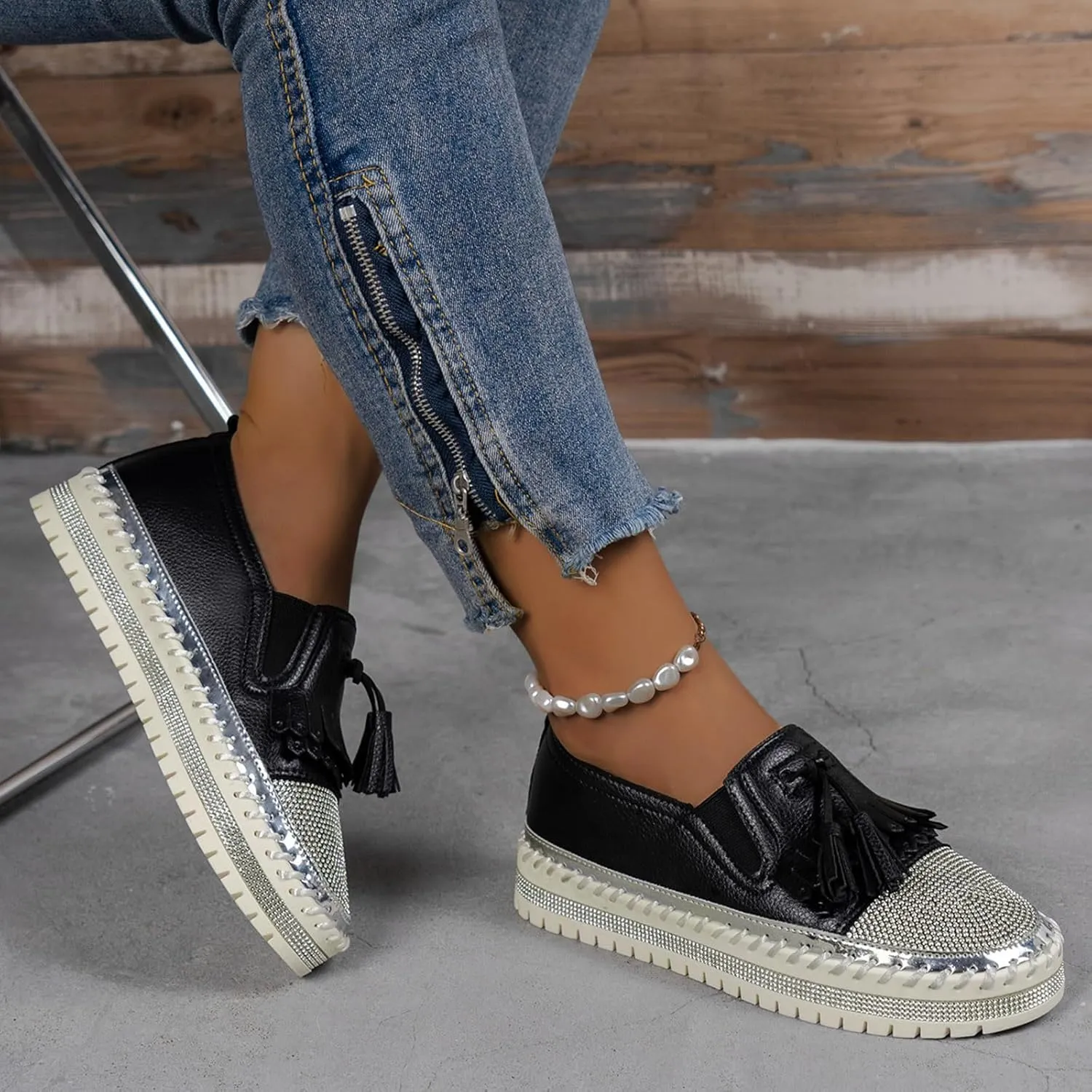 Women's Fashion Leather Loafers Sparkly Rhinestone Tassel Decoration Thick Sole Shoes Comfy Casual Boots for Women