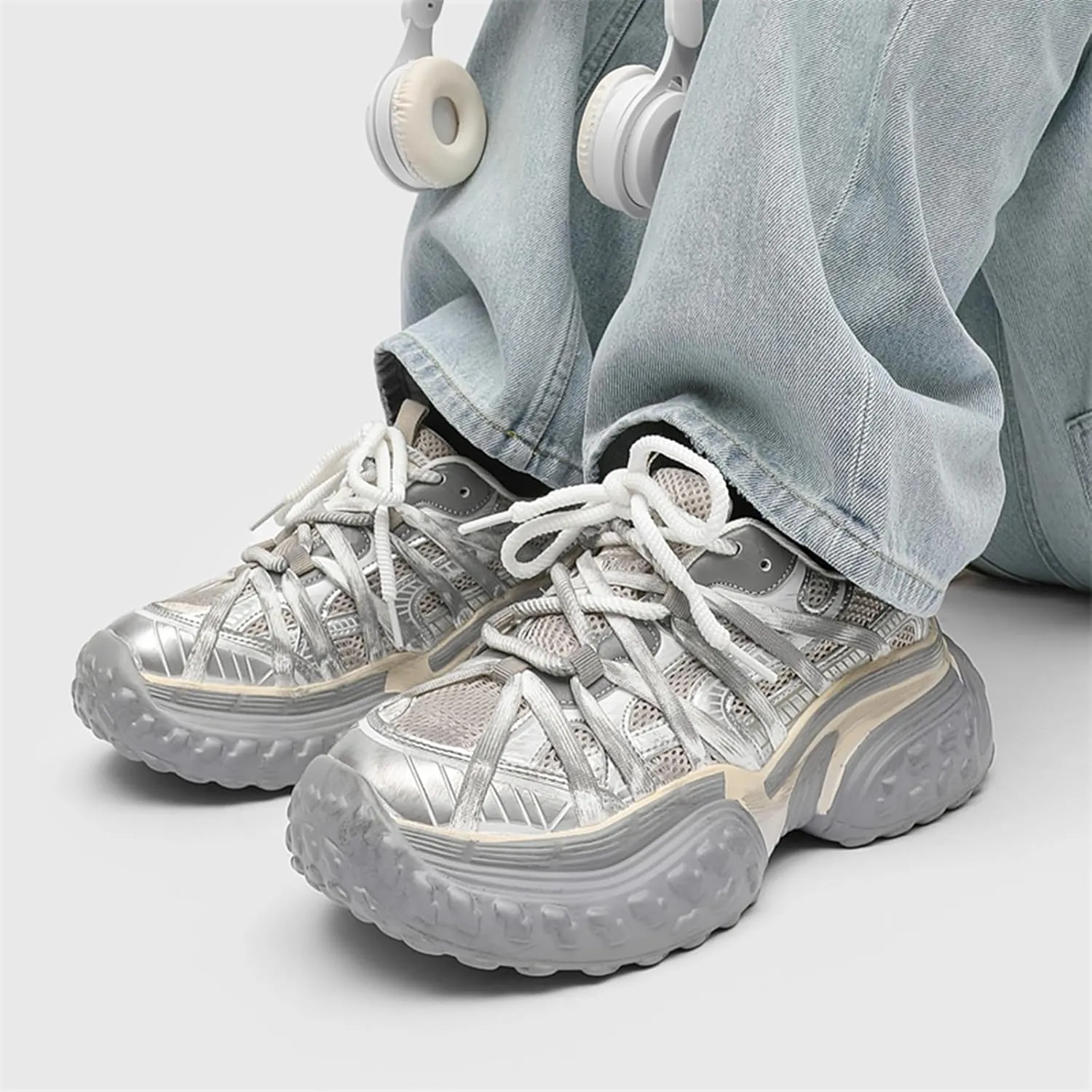 Women's Fashion Leather Mid Top Lace Up Chunky Platform Sneakers Casual Retro Non Slip Round Toe Driving Walking Jogging Tennis Driving Daily Shoes