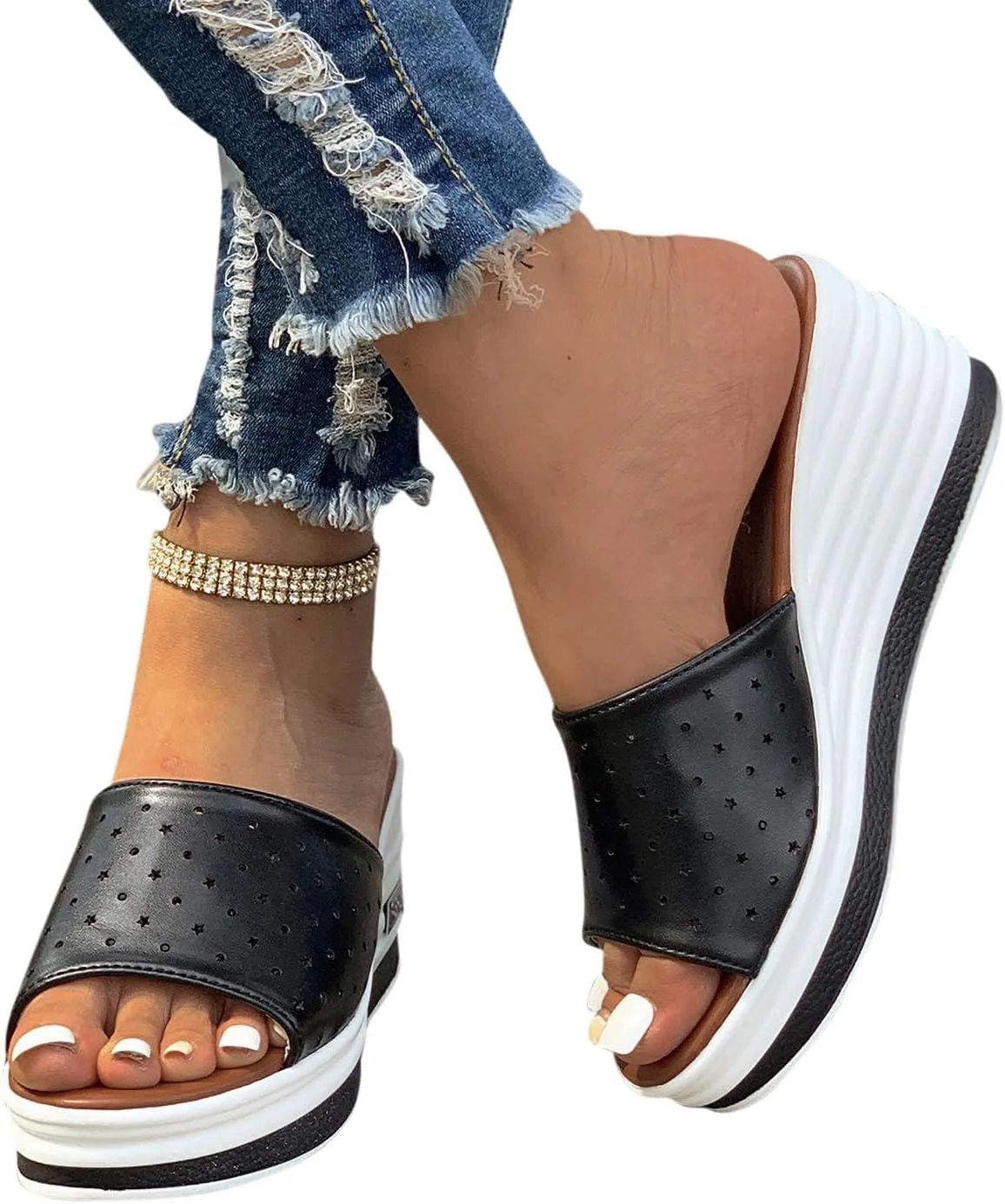 Women's Fish Mouth Wedge Slipper Platform Colorblock Slip on Sandal Open Toe Trendy Casual Slide Elegant Shoes