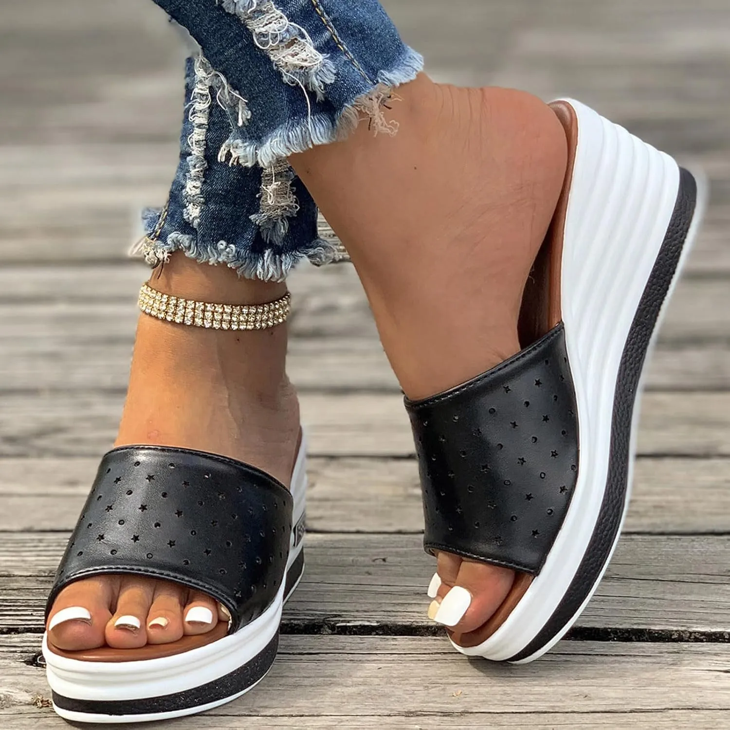 Women's Fish Mouth Wedge Slipper Platform Colorblock Slip on Sandal Open Toe Trendy Casual Slide Elegant Shoes