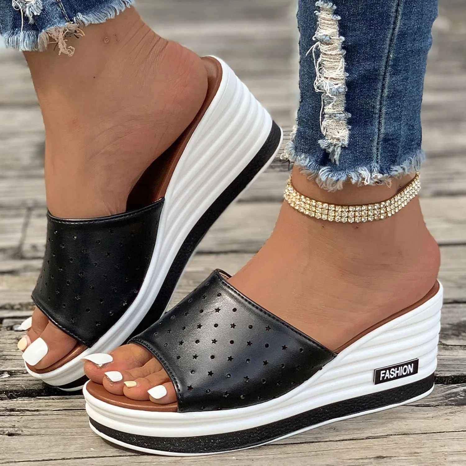 Women's Fish Mouth Wedge Slipper Platform Colorblock Slip on Sandal Open Toe Trendy Casual Slide Elegant Shoes