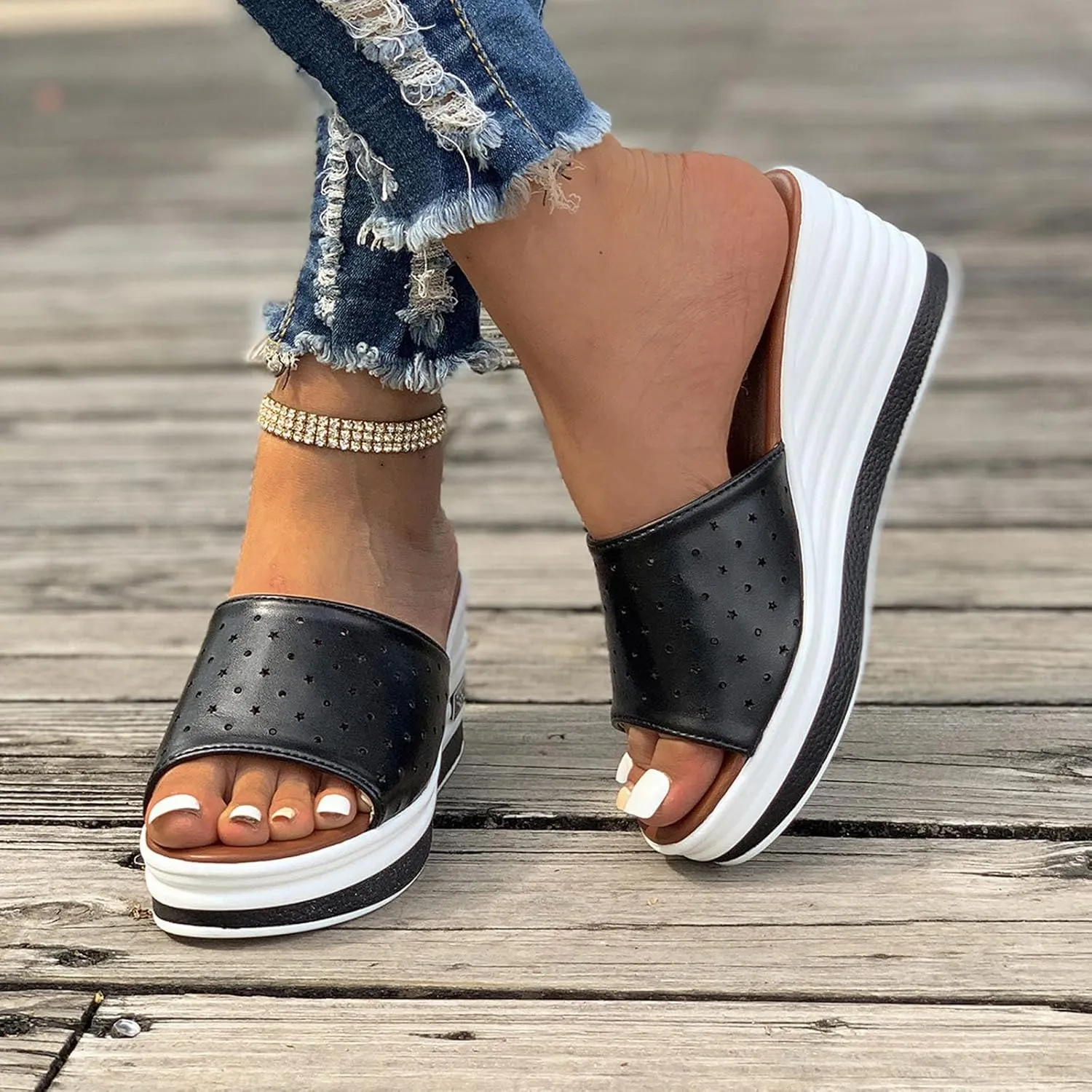 Women's Fish Mouth Wedge Slipper Platform Colorblock Slip on Sandal Open Toe Trendy Casual Slide Elegant Shoes