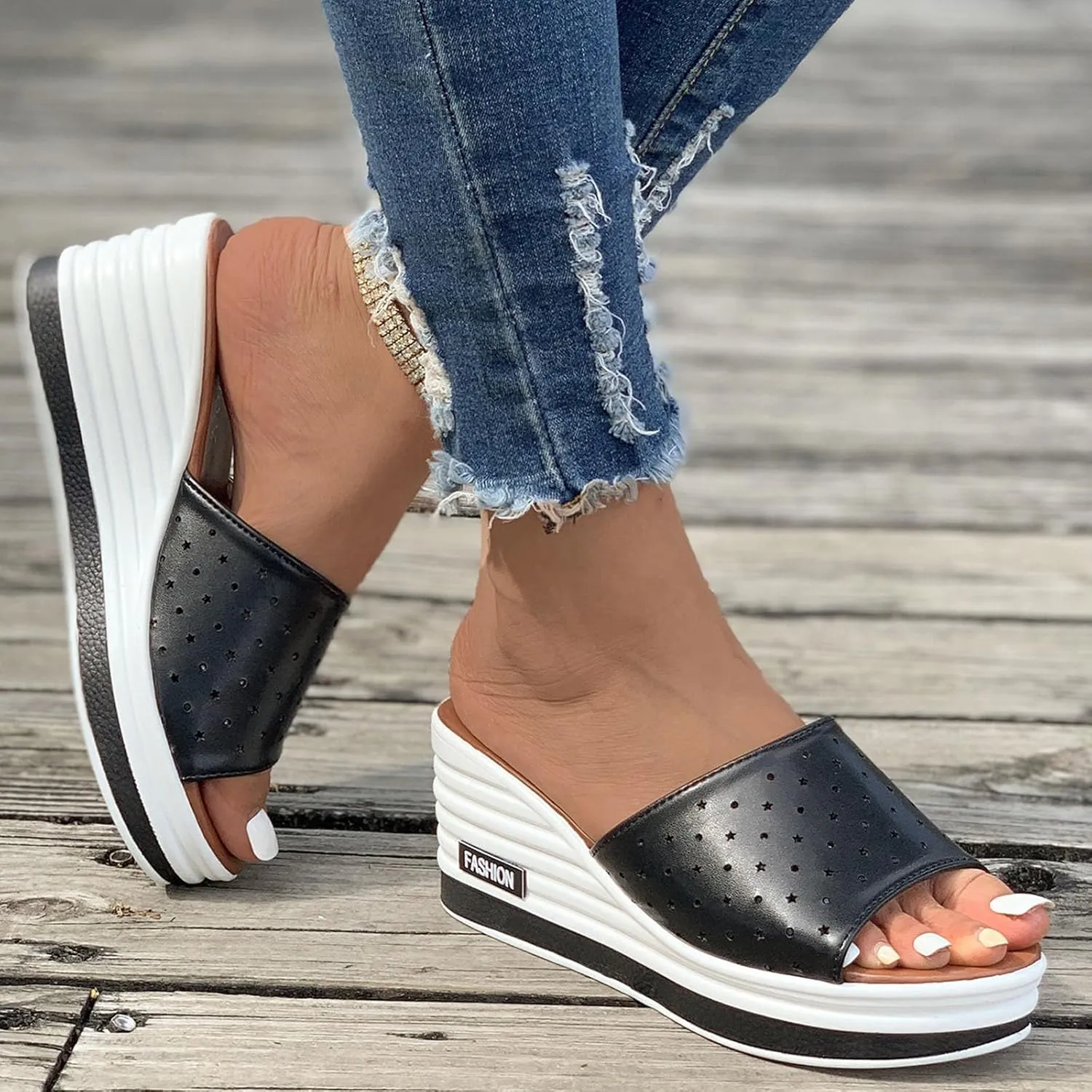 Women's Fish Mouth Wedge Slipper Platform Colorblock Slip on Sandal Open Toe Trendy Casual Slide Elegant Shoes