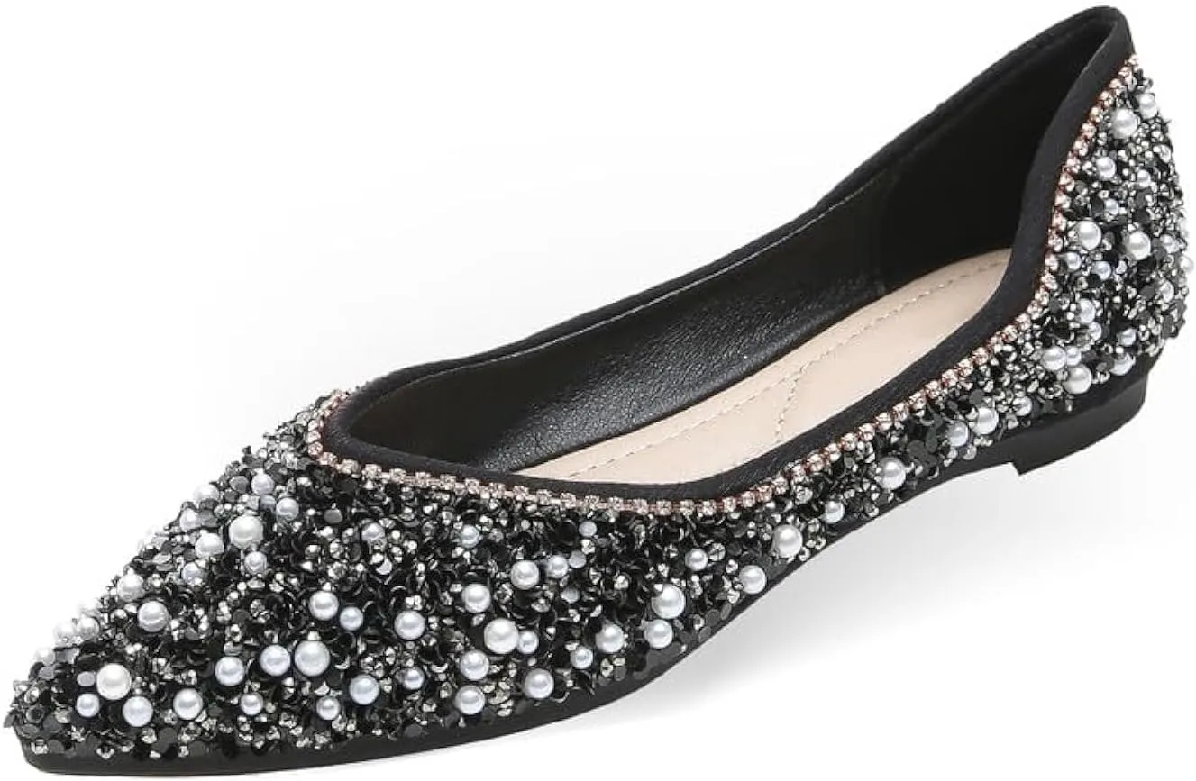 Women's Flats Comfortable Pointed Rhinestone Ballet Flats for Women Sparkle Elegant Dress Flats