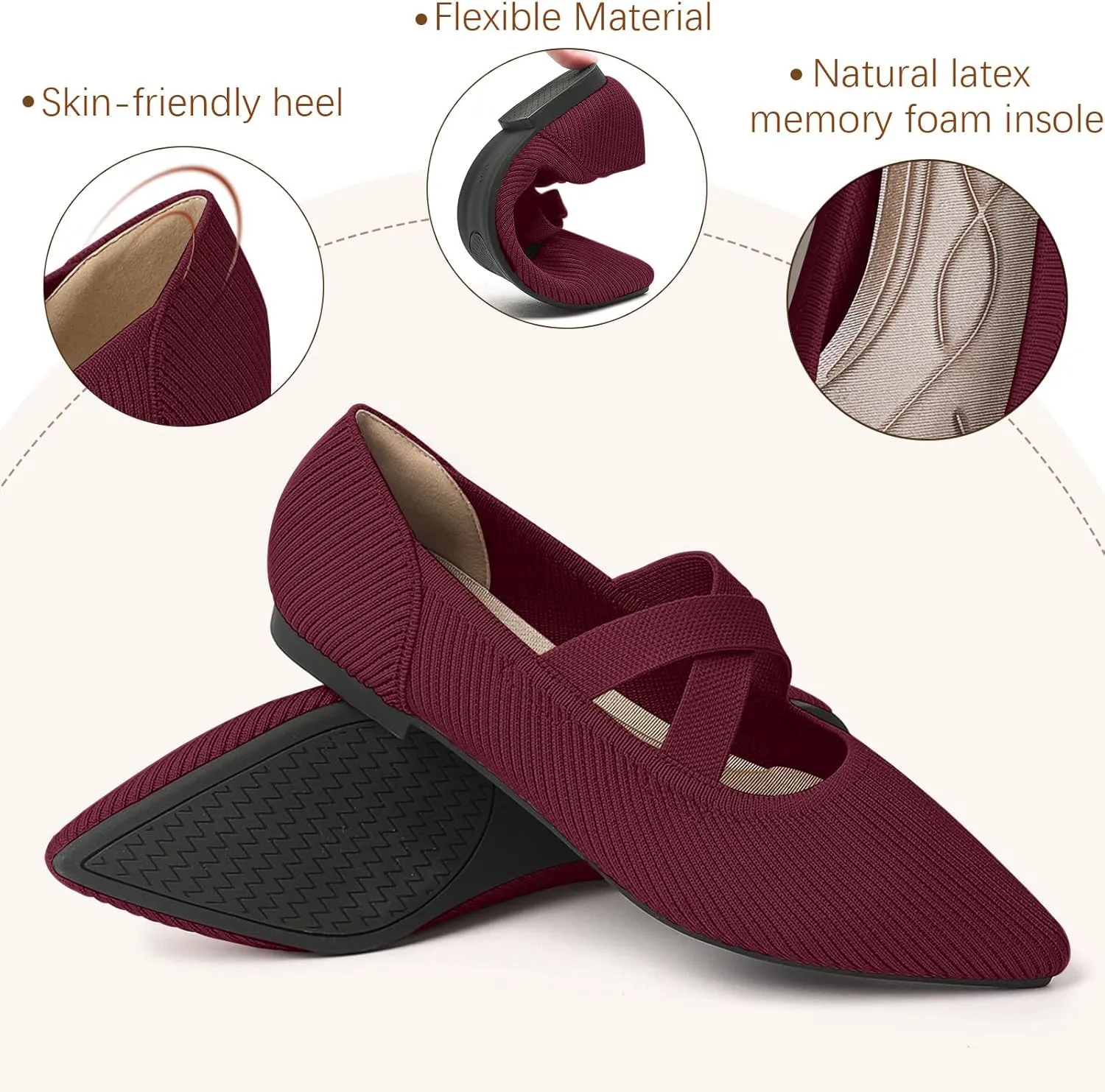 Women's Flats Shoes Pointed Toe Knit Washable Comfortable Dressy Mary Jane Ballet Flat with Strap
