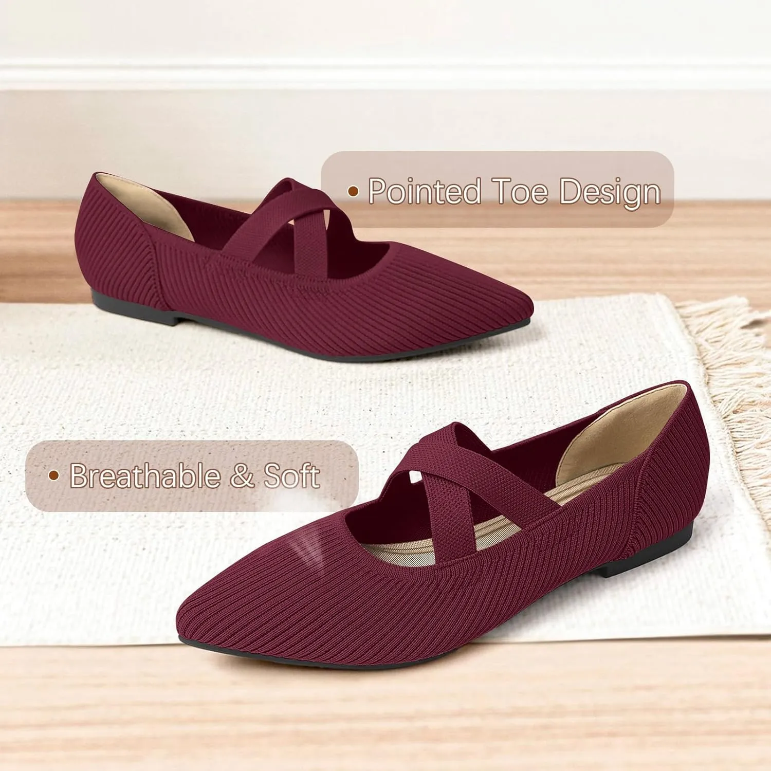 Women's Flats Shoes Pointed Toe Knit Washable Comfortable Dressy Mary Jane Ballet Flat with Strap