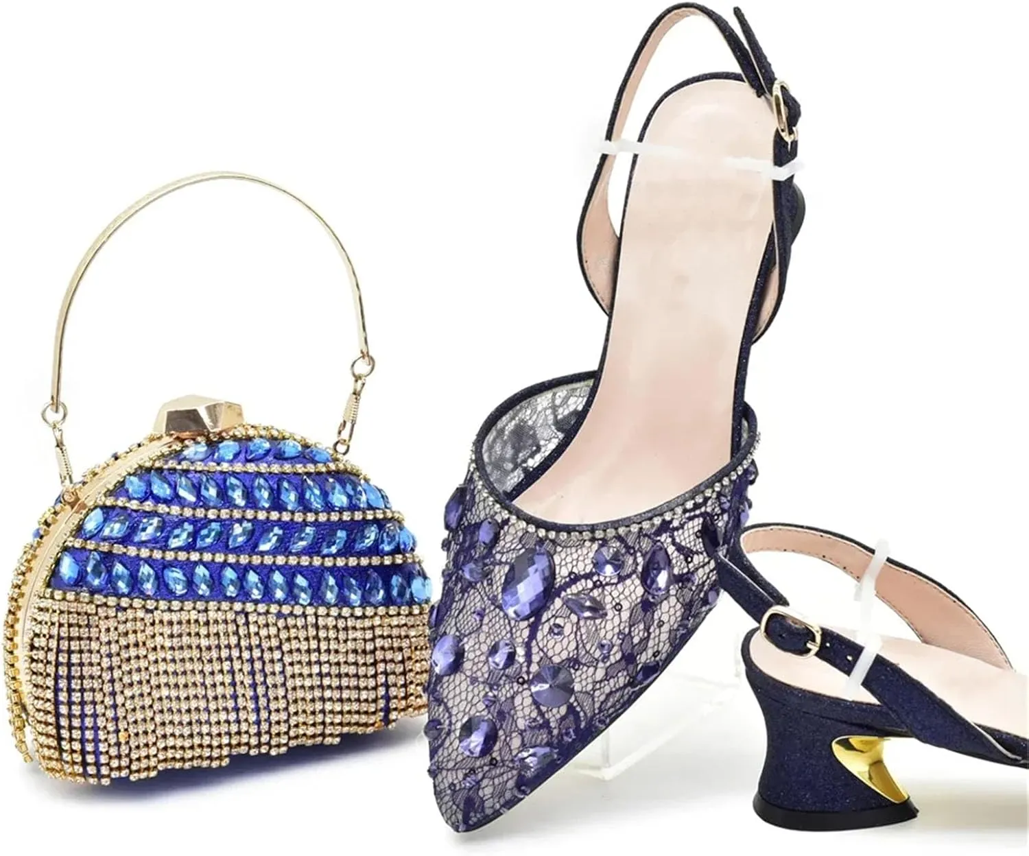 Women's Italian Mid-Heel Party Set - Rhinestone-Embellished Pumps & Matching Evening Bag