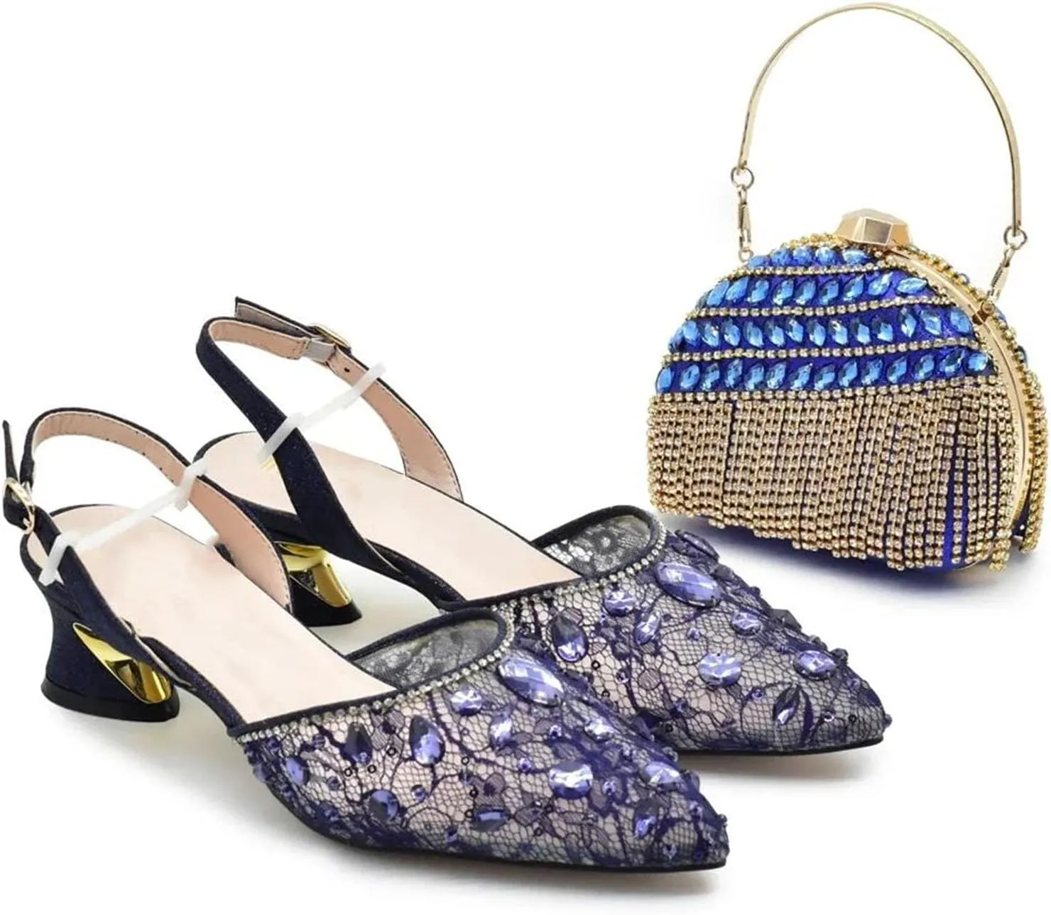 Women's Italian Mid-Heel Party Set - Rhinestone-Embellished Pumps & Matching Evening Bag