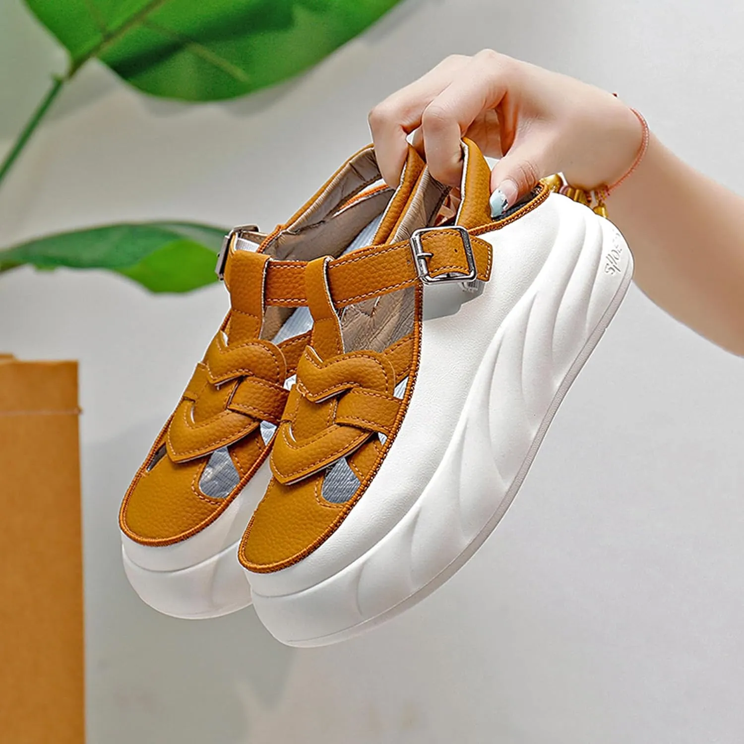 Womens Leather Cutout Chunky Platform Sneakers Fashion Round Toe Adjust Ankle Strap Comfort Breathable Sport Sandals Summer Walking Beach Casual Shoes