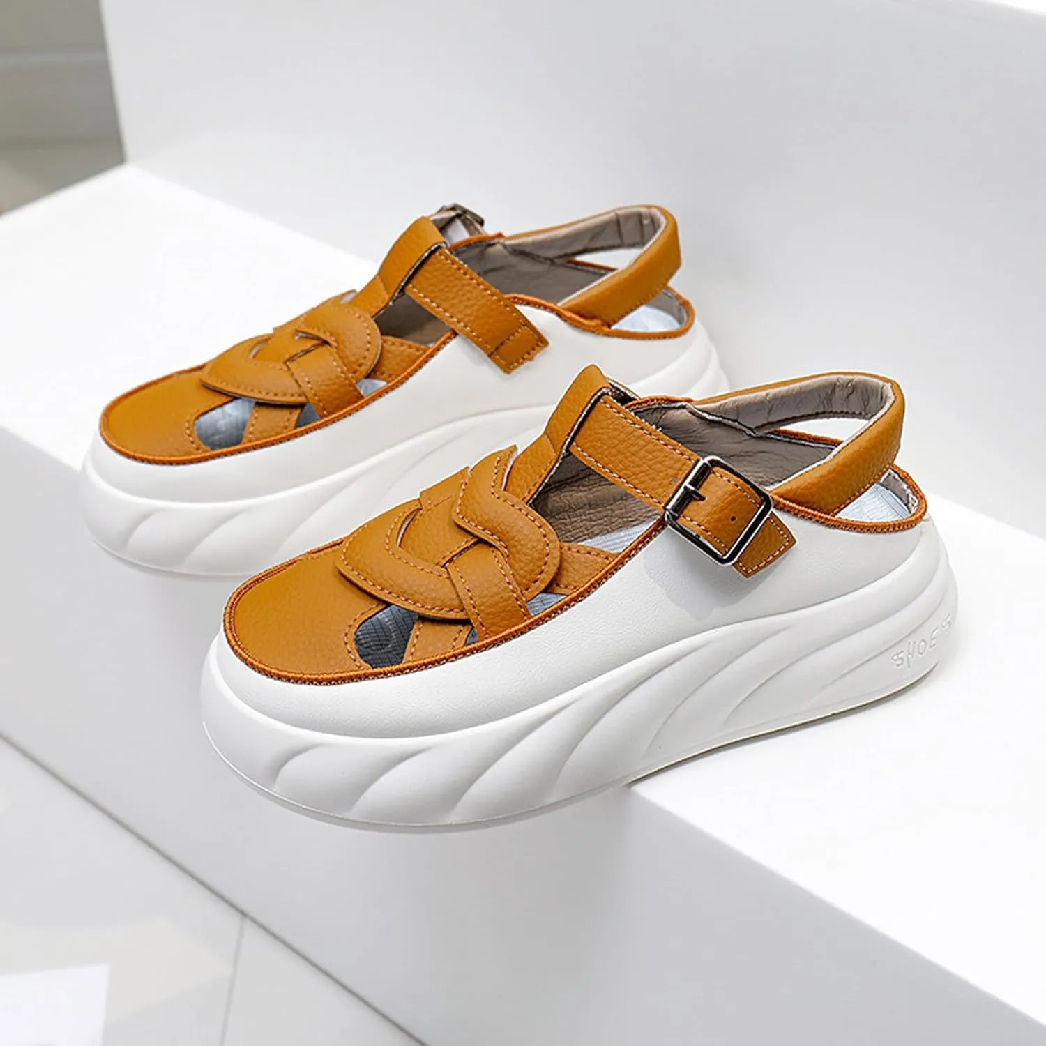 Womens Leather Cutout Chunky Platform Sneakers Fashion Round Toe Adjust Ankle Strap Comfort Breathable Sport Sandals Summer Walking Beach Casual Shoes