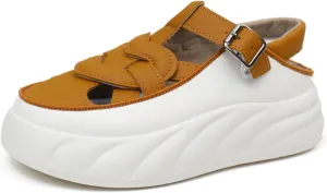 Womens Leather Cutout Chunky Platform Sneakers Fashion Round Toe Adjust Ankle Strap Comfort Breathable Sport Sandals Summer Walking Beach Casual Shoes