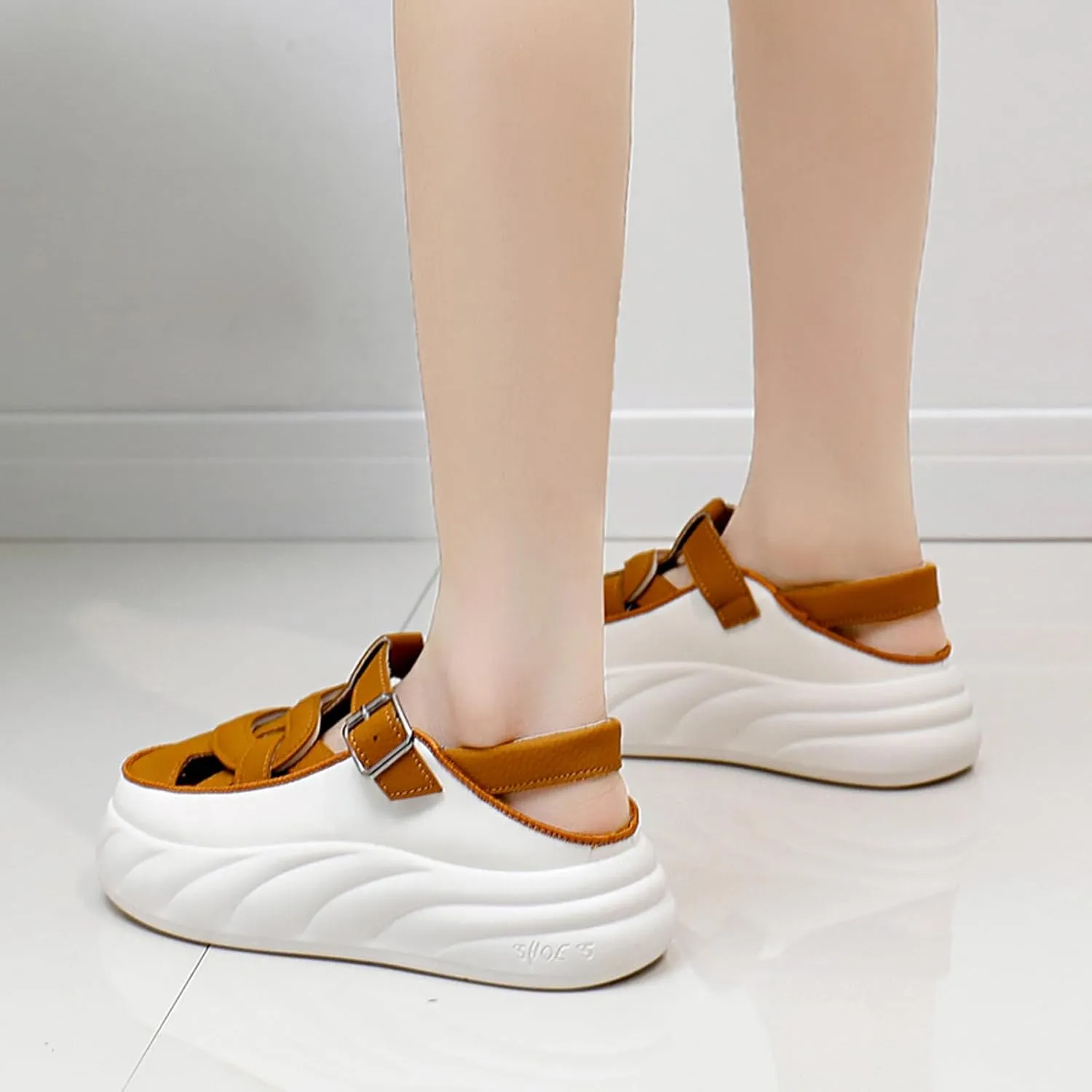 Womens Leather Cutout Chunky Platform Sneakers Fashion Round Toe Adjust Ankle Strap Comfort Breathable Sport Sandals Summer Walking Beach Casual Shoes