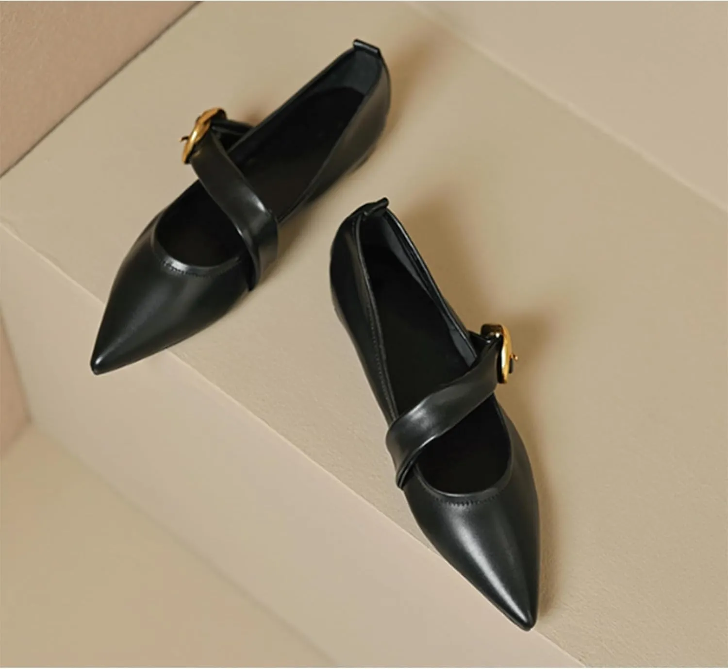 Women's Mary Jane Flats Adjustable Metal Buckle Fashion Pointed Toe Low Heel Flats Comfortable Dress Flats (Black,8.5)